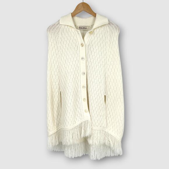 1970s Vintage Neiman Marcus Cream Knit Fringe Hem Cape Sweater Poncho - Picture 1 of 4